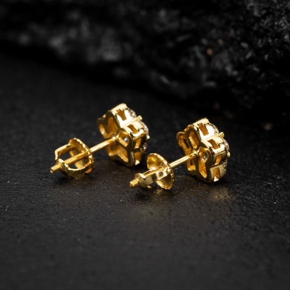 Hop Hop Cluster Yellow Gold Sterling Silver Flower Star Screw Back Earrings - Picture 4 of 5